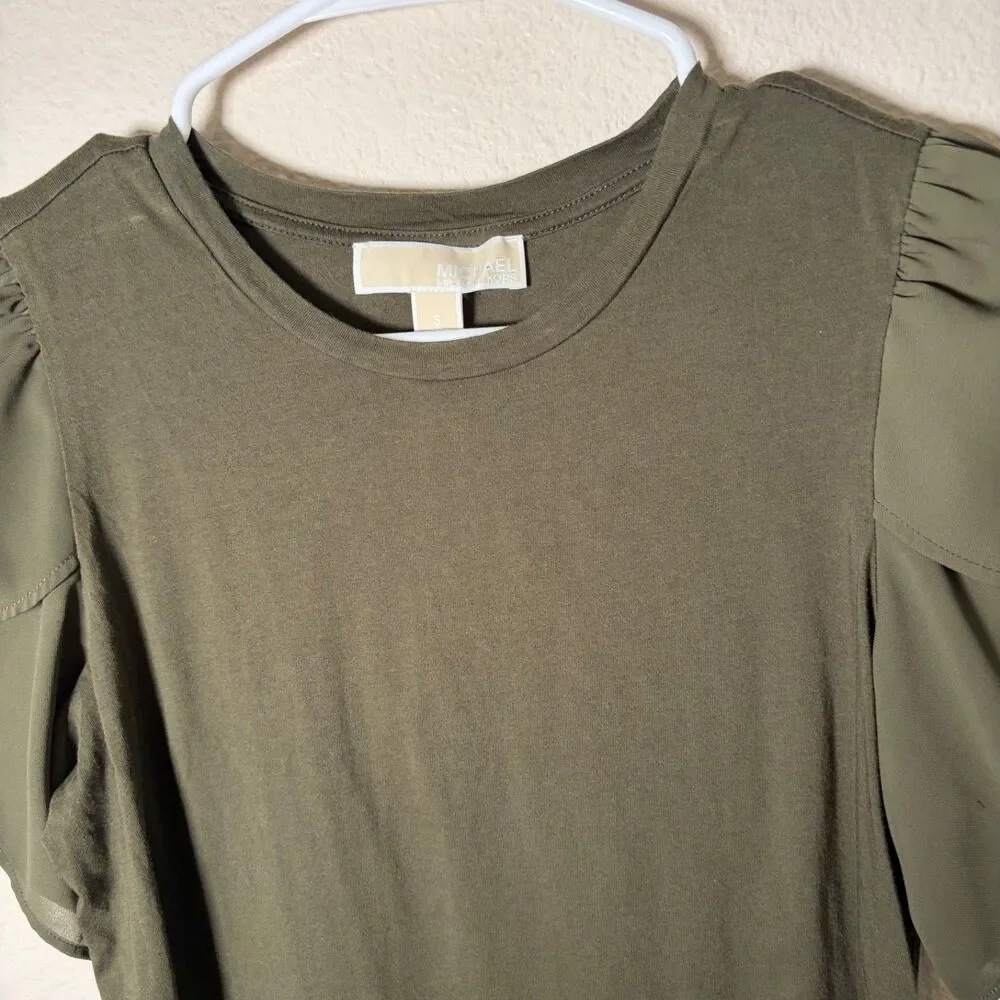 Michael Kors Blouse Women's Small Green Short Sleeve Ruffle Crew Neck Top